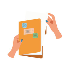 hand holding a folder with documents, open folder concept.