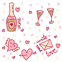 Valentine's Day elements collection for stickers, tee, cards. Retro style design. Doodle vector illustration.