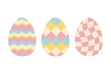 Easter eggs сlipart collection in 1970 retro style. Perfect for stickers, cards, print. Isolated vector illustration for decor and design.