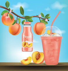 Peach in a plastic glass with a branch of a peach with a peach and a bottle of peach.