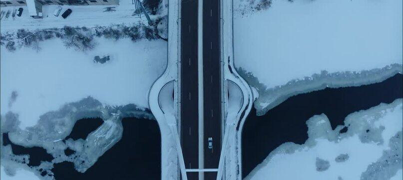 Top Down Aerial View Of Snow Covered Lowry Bridge In NE Minneapolis MN