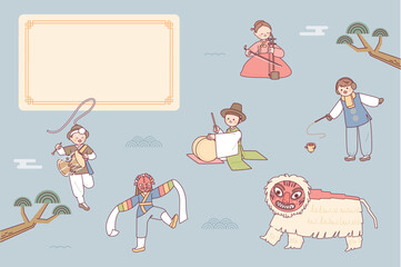 Characters showing traditional Korean culture. There is a blank space in the background decorated with traditional objects. blue color