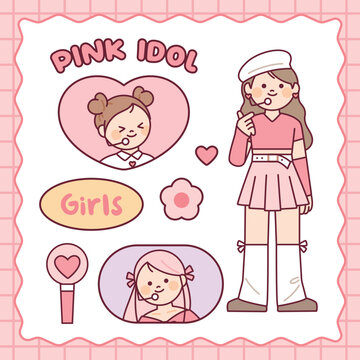 Cute K-pop girl idol characters. Photo card and light stick. pink color