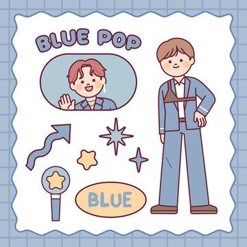A cute K-pop boy idol character. Photo card and light stick. blue color