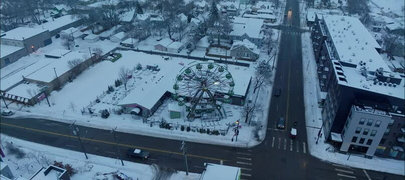 Wide Descending Winter Aerial Of Ferris Wheel At Betty Danger's NE Minneapolis