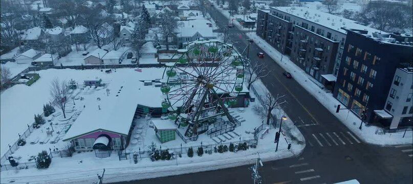 Aerial Circling Snow Covered Ferris Wheel At Betty Danger's NE Minneapolis MN