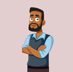 Happy Man of African Ethnicity Smiling with Arms Crossed Vector Cartoon. Confident guy feeling carefree and relaxed 

