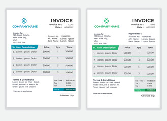Business Minimal Corporate Invoice design template vector illustration bill form price . Creative template and stationery design payment agreement design template Cash Memo, Vector Quotation Design