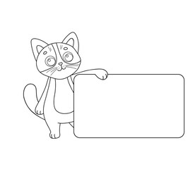 Vector illustration character cat with banner. Outline funny cartoon kitty waving hand. Line sketch animal for coloring book isolated on white