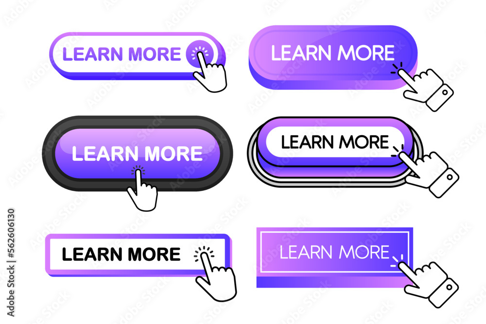 Poster learn more vector purple button collection in different flat style. learn more icon isolated on whit