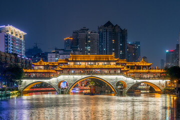 Chengdu Anshun bridge and Jinjiang river at night, Sichuan province, China