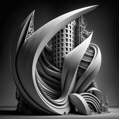 Futuristic architecture, monochrome and inspired by my own photography then re-imagined in MidJourney.