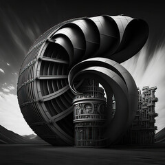 Futuristic architecture, monochrome and inspired by my own photography then re-imagined in MidJourney.
