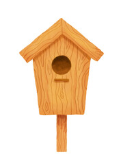 Wooden birdhouse. Watercolor hand drawn illustration isolated on white