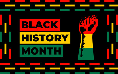 Black history month 2023 Celebration Background.  Black History Month text with human Fist and Seamless Pattern. Celebrated annually in February in the USA and Canada.