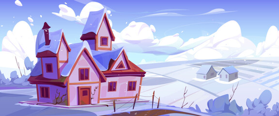 Winter countryside with house, farm buildings, white field under blue sunny sky. Vector cartoon illustration of rural landscape, frozen farmland, snowflakes fly in the wind
