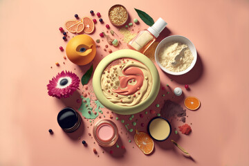 Cosmetics products and their ingredients, 3d illustration made with Generative AI