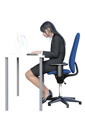 悪い姿勢で椅子に座ってパソコンを触る猫背の女性のイラスト - obrazy, fototapety, plakaty