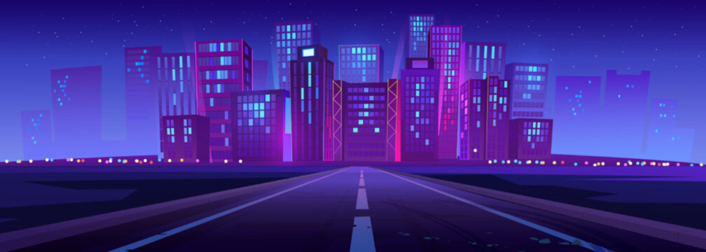 Skyline with city buildings, road and stars at night. Landscape with cityscape, empty street, modern houses and skyscrapers on horizon, vector cartoon illustration