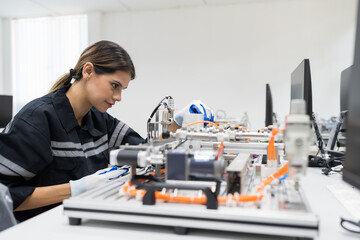Female engineer training AI robot training kit and mechatronics engineering in the manufacturing...