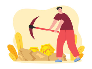 Character using a pickaxe to mine Bitcoins. Future of NFT as a digital business. Example of a young man digging.