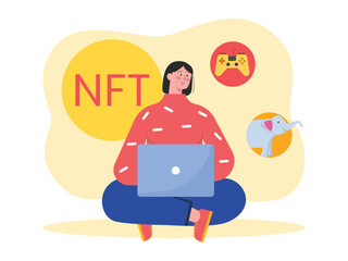 NFT vector illustration. Woman working with laptop. Future of art market. Non Fungible token. Technology selling unique collectible., digital artwork.