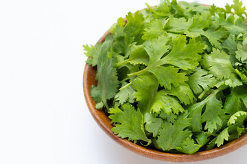 Fresh coriander leaves on white background.