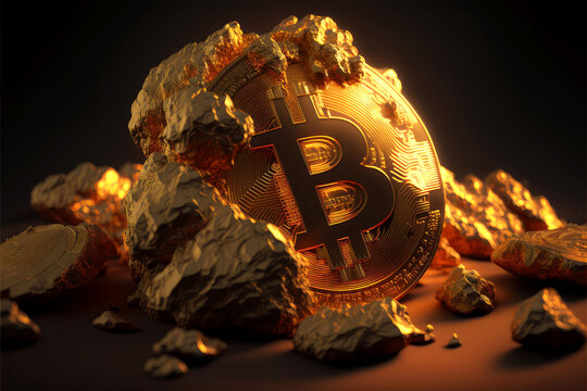 A golden coin with a bitcoin symbol on a gold stones, generative ai