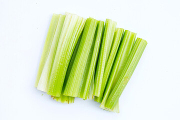 Fresh celery on white background. Top view