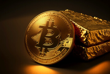 A golden coin with a bitcoin symbol on a gold stones, ai
