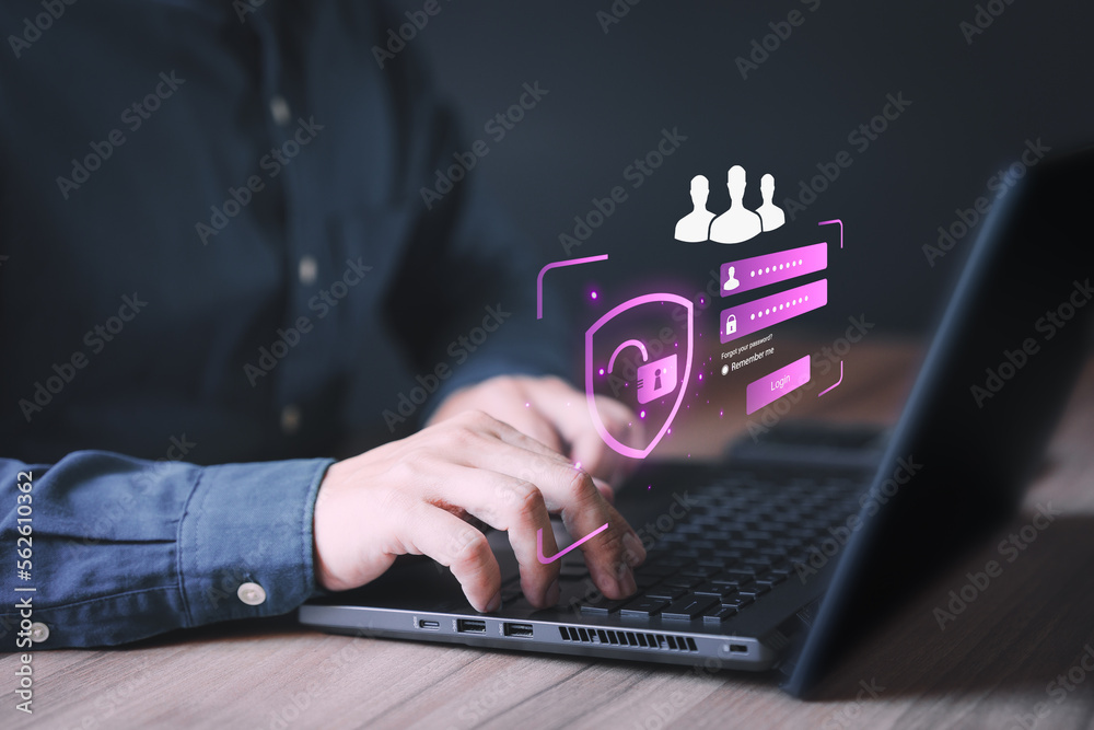 Poster Man login with fingerprint scanning technology in the computer. Secure encryption and access to the user's private information to access the Internet