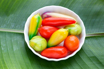 Fruit shaped of mung beans dessert (Kanom Look Choup). Thai Dessert