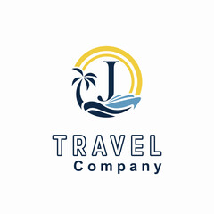Initial J Letter With Coconut Palm Tree, Marine Ship, Sun Icon for Travel Guide Business Logo Idea Template