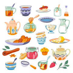 Tea and milk, pastry and sweets to warm beverages