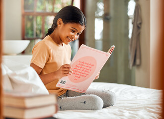 Child or girl reading for home learning, story and language education with creative development o...
