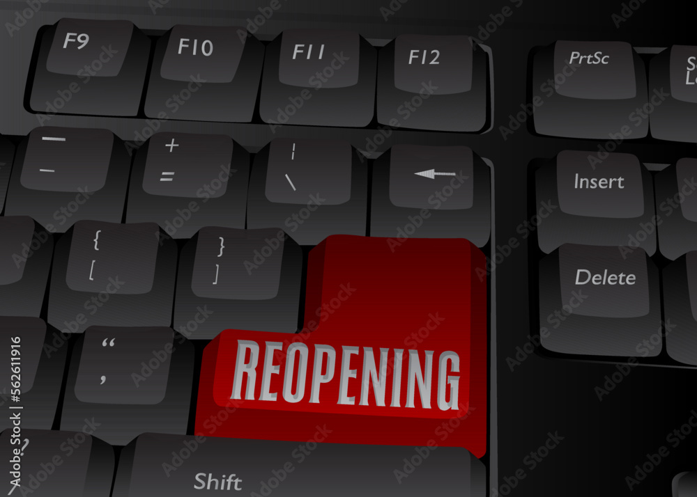 Poster computer keyboard with reopening text. close-up of an electronic computer device part, keypad.