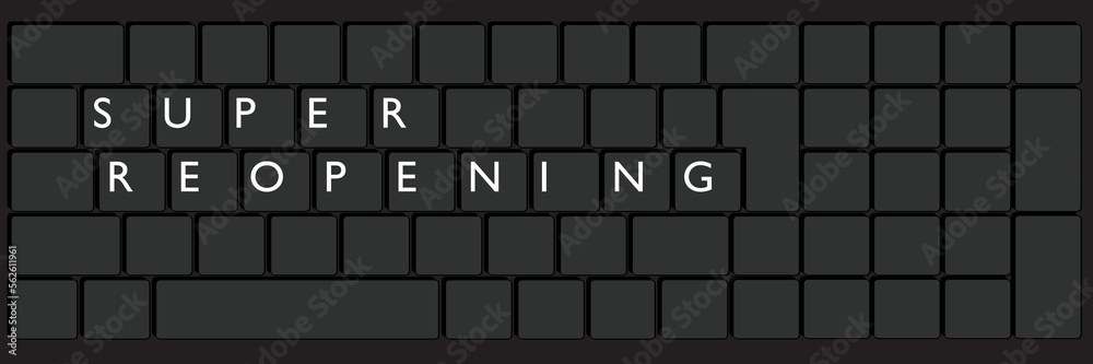 Poster computer keyboard with super reopening text. close-up of an electronic computer device part, keypad.