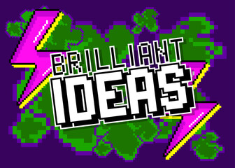Brilliant Ideas. Pixelated word with geometric graphic background. Vector cartoon illustration.