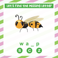 Find the missing letter wasp worksheet for kids learning insects in English. Educational alphabetic game. Printable worksheet for preschool.  Spelling and writing practise page for children. 