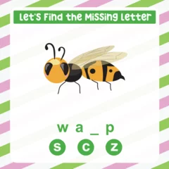 Fotobehang Find the missing letter wasp worksheet for kids learning insects in English. Educational alphabetic game. Printable worksheet for preschool.  Spelling and writing practise page for children.  © idcreative.ddid