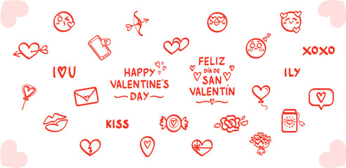 Set de ilustraciones decorativas dibujadas a mano de amor, emojis enamorados y corazones en color rojo para San Valentin. Vector	