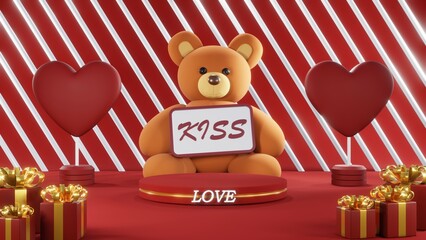 3D rendering of red podium for Valentine products on Valentine's Day.