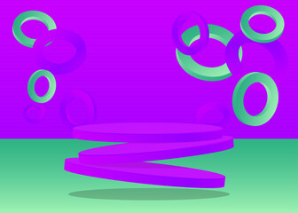 Turquoise blue and purple product display. Vector 3D room, cylinder pedestal podium. Stage showcase for presentation. Futuristic Sci-fi minimal geometric forms, empty scene.