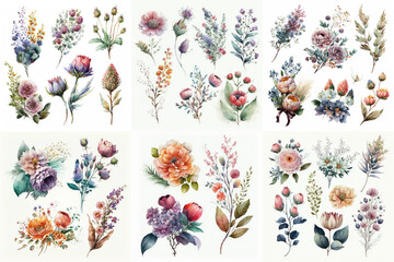 Large collection of flowers bouquets on white background, watercolor illustration made with Generative AI