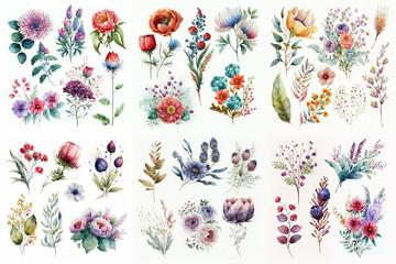 Large collection of flowers bouquets on white background, watercolor illustration made with Generative AI