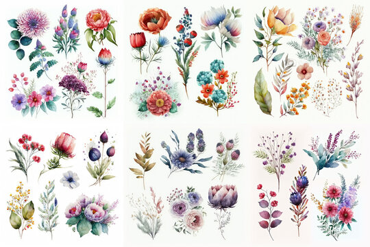 Large collection of flowers bouquets on white background, watercolor illustration made with Generative AI