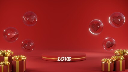 3D rendering of red podium for Valentine products on Valentine's Day.