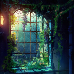 An old window overgrown with vines in the anime style. High quality illustration