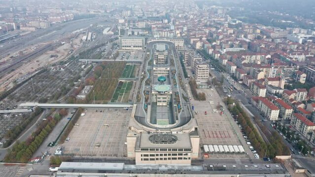 Drone footage of FIAT factory Lingotto in Turin Italy