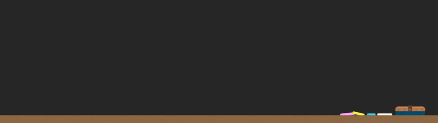 何も書かれていない横に長い黒い黒板とチョークと黒板消しのイラスト - ワイドサイズの背景
